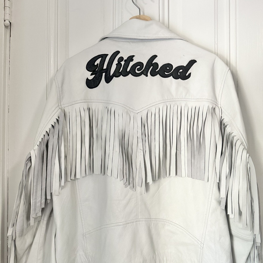 "Hitched" White Leather Fringed Moto Jacket NWT Size XL